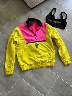 LA Gear Neon Windbreaker Pullover Jacket + Bralette - Yellow & Pink